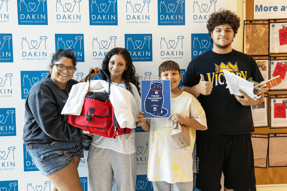 Family of 4 shown at Dakin adopting a cat