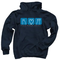 Dark hoodie with three blocks making up the Dakin Logo
