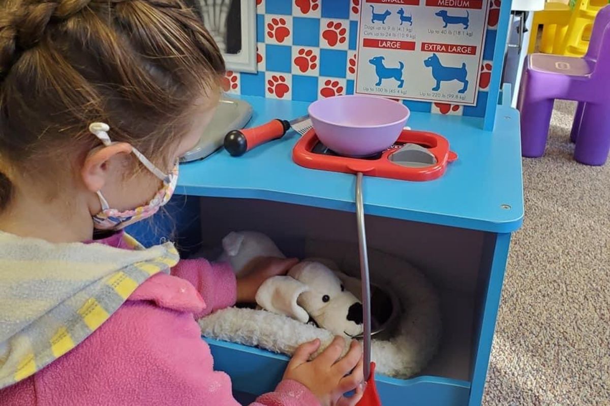 Young child plays vet at school
