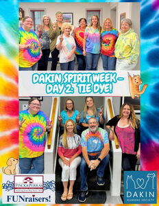 Staff at Finck & Perras Insurance Agency celebrate Tie-Dye day during Dakin's Spirit Week