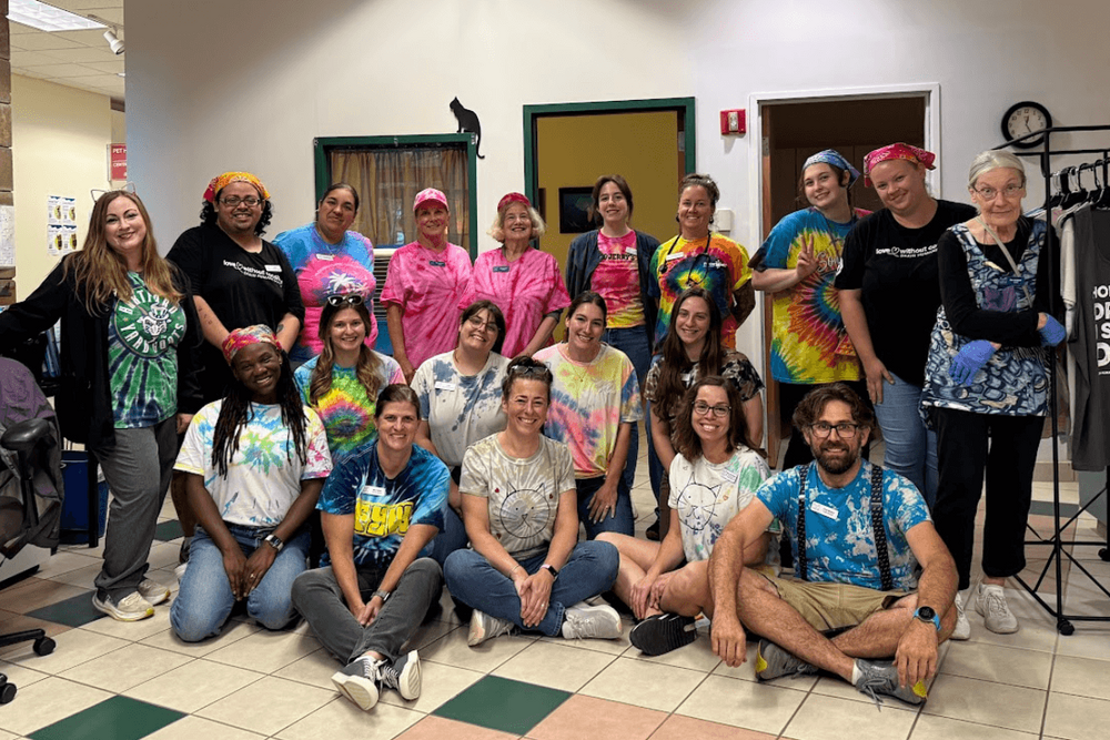 Staff and Volunteers at Dakin Humane Society wearing tie dye Spirit Week outfits
